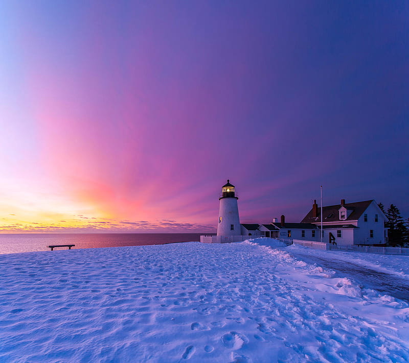 Lighthouse in Winter, beacon, house, light, lighthouse, sea, sky, snow, winter, HD wallpaper