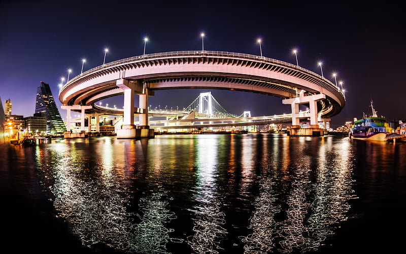 Rainbow Bridge, illuminations, nightscape, Shibaura Pier, Odaiba, Tokyo, japan, HD wallpaper