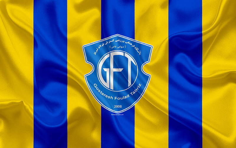 Gostaresh Foulad FC silk texture, logo, emblem, blue yellow silk flag, Iranian football club, Tabriz, Iran, football, Persian Gulf Pro League, HD wallpaper