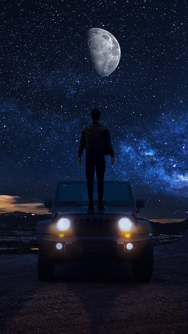 Lonely man, jeep, led, moon, neon, sky, HD phone wallpaper | Peakpx