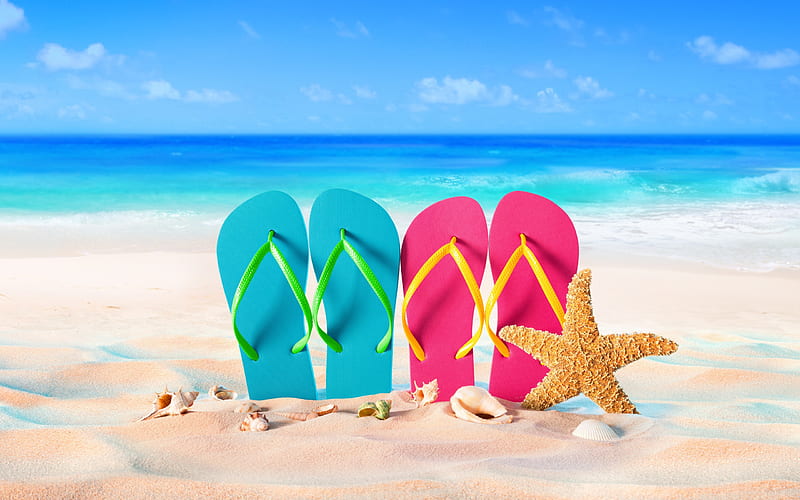 Beach accessories, sand, beach slippers, beach, summer, vacation, sea, Starfish, seashells, HD wallpaper