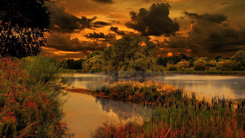 Sublime Evening Sunset, romantic, river, evening, sunset, sublime, marsh, clouds, HD wallpaper