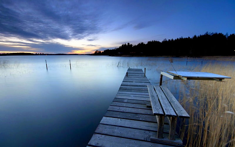 LAKE at SUNSET, Sweden, bridge, Varmland, sunset, lake, Skoghall, HD