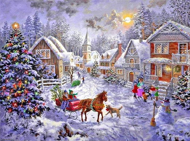 Joyous Noel, art, cottages, christmas, snow, horse, carriage, winter, HD wallpaper