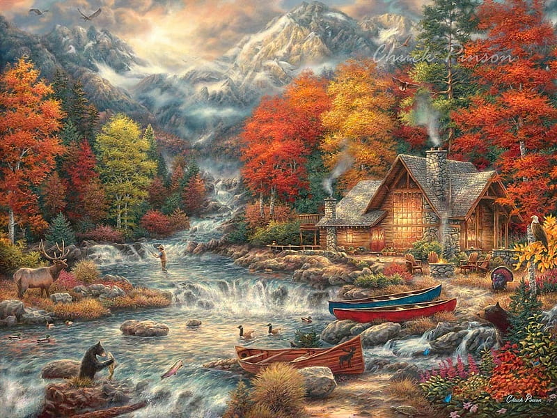 Treasures of the Great Outdoors, colors, river, cabin, trees, animals, autumn, artwork, cascades, boat, people, painting, HD wallpaper