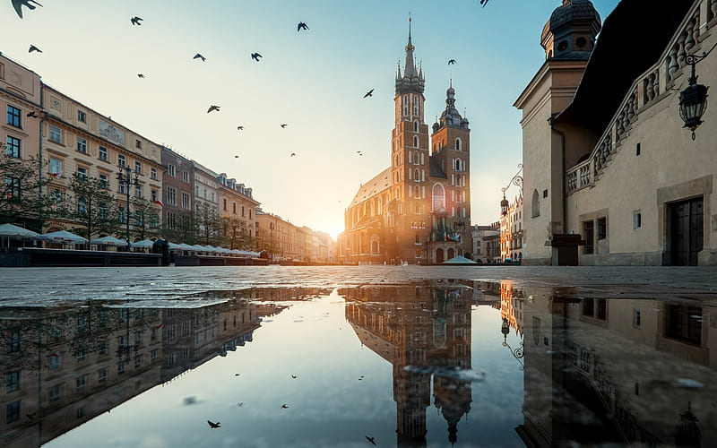 St Mary Church, Morning, Square, Krakow, puddles, Poland, HD wallpaper