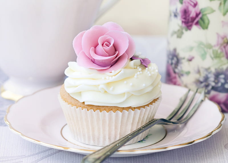 Sweet Cupcake, cake, sweets, food, dishes, sweet, dessert, cupcake, rosette, flower, white, cream, HD wallpaper