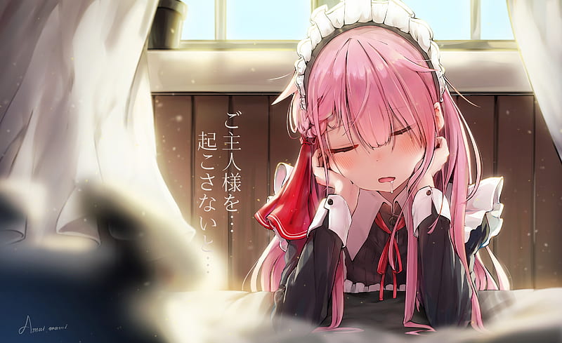anime girl, sleeping, pink hair, maid outfit, headdress, cute, drooling, Anime, HD wallpaper