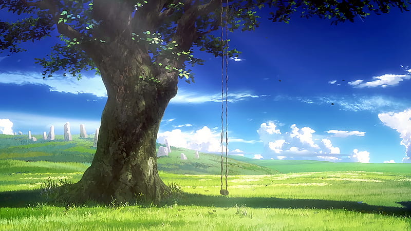 Tree Green Grass Field Blue Sky Anime