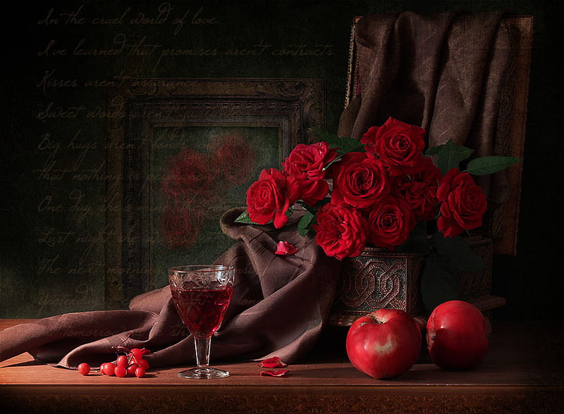 still life, red, rose, fruits, box, clasic, beautiful graphy, nice, love, flowers, beauty, harmony, apple lovely, romantic, romance, wine, delicate, roses, elegantly, glass, red wine, cool, bouquet, flower, scarf, HD wallpaper
