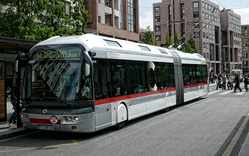 long trolley bus, city passenger transportation, trolley bus, people, modern trolleybuses, electric vehicles, HD wallpaper