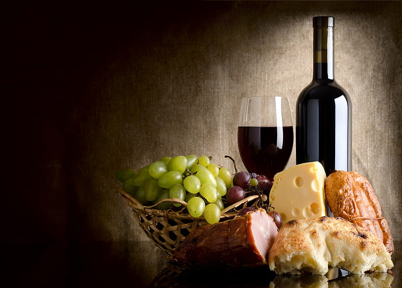 *** Wine and basket of food ***, food, wine, basket, cheese, bread, HD wallpaper