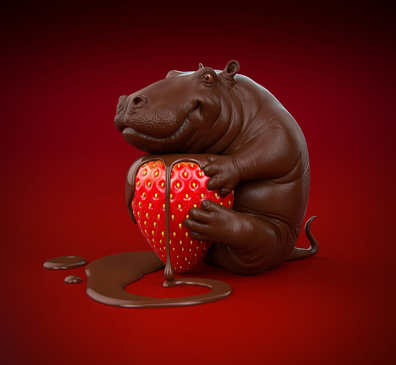Chocolate hippo, red, strawberry, brown, jirka krivanek, chocolate, fruit, vara, fantasy, hippo, summer, HD wallpaper