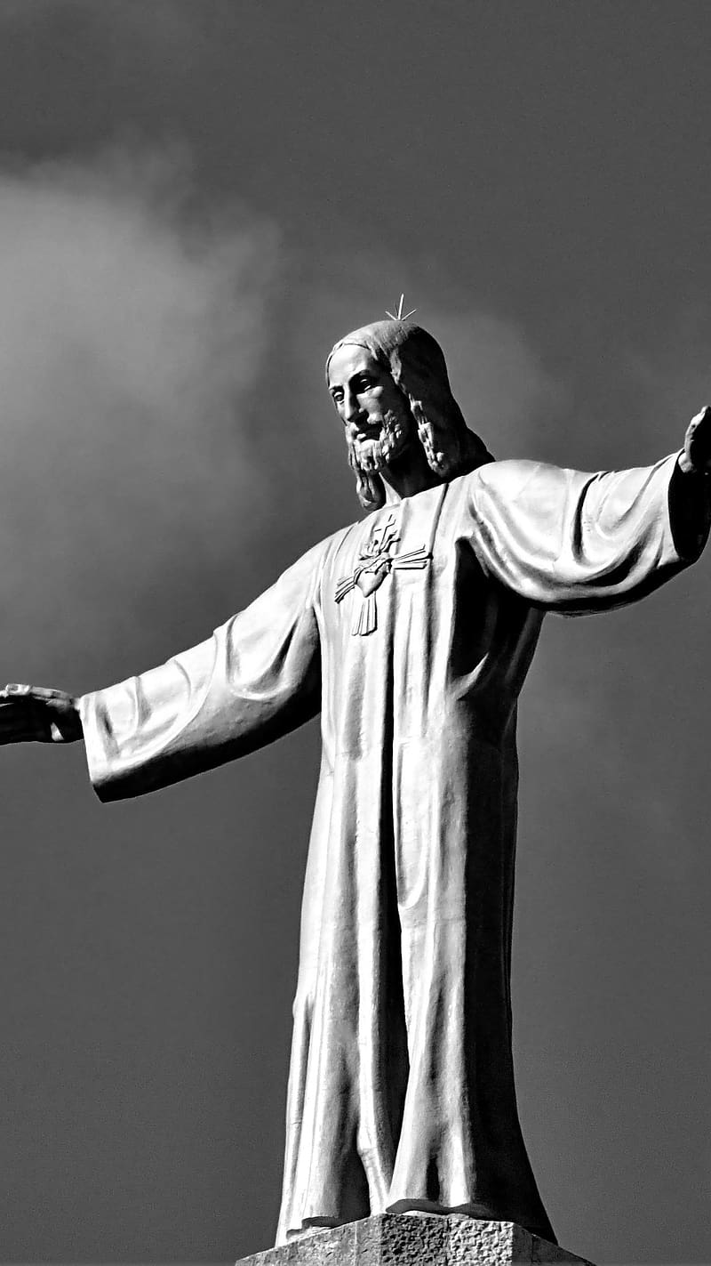 Christian Live, Jesus Statue In Black And White, jesus, statue, black and white, clouds, lord, god, HD phone wallpaper