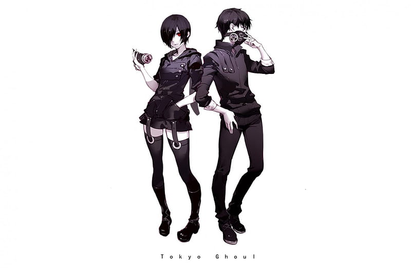 Tokyo Ghoul!, clothes, touka, white hair, game, horror, lights, anime, scary, anime girl, wings, smiley, skirt, touka kirishima, black, short hair, awesome, white, red eyes, red, ghoul, evil, anime boy, cold, ken, darkness, light, black hair, female, male, manga, kaneki ken, smile, blood, logo, tokyo ghoul, uniform, dark, monster, mask, HD wallpaper