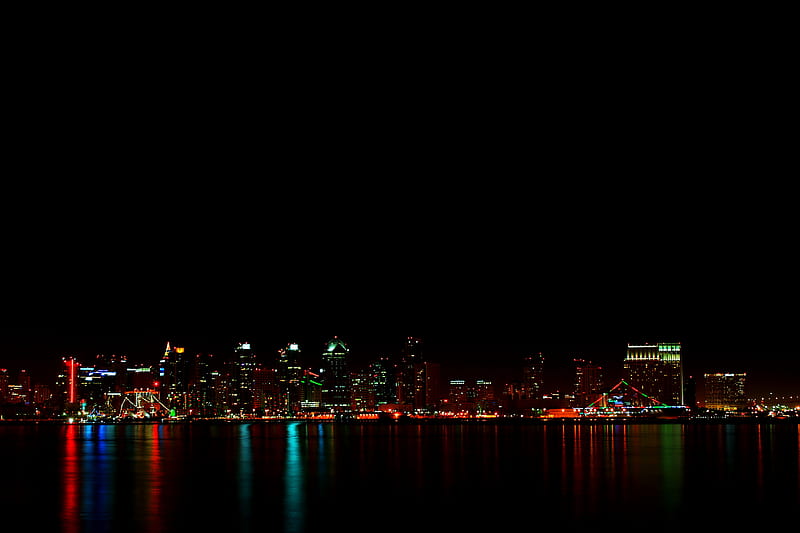 San Diego Skyline at Night, colorful, san diego, december, lights, water, skyline, reflection, bay, night, HD wallpaper