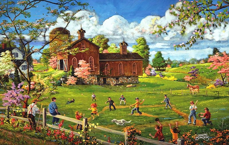 Baseball Time, fence, house, children, foal, spring, horse, artwork, barn, painting, HD wallpaper