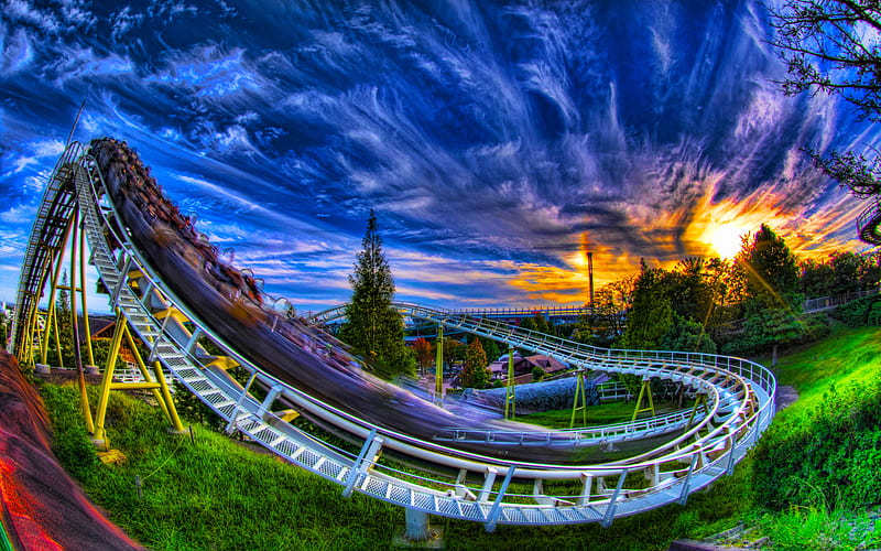 Coaster Sunset, amusement park, fantasy, roller coaster, playground, sunset, sky, HD wallpaper