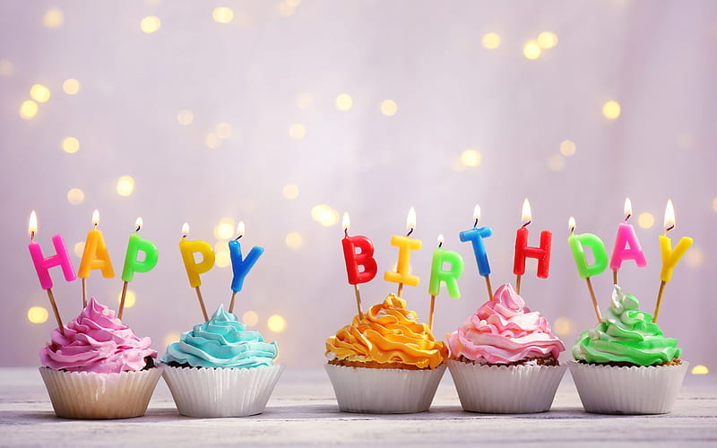 Happy Birtay, candles, cupcakes, cakes, cream, sweets, greetings, background for greeting cards, birtay, HD wallpaper