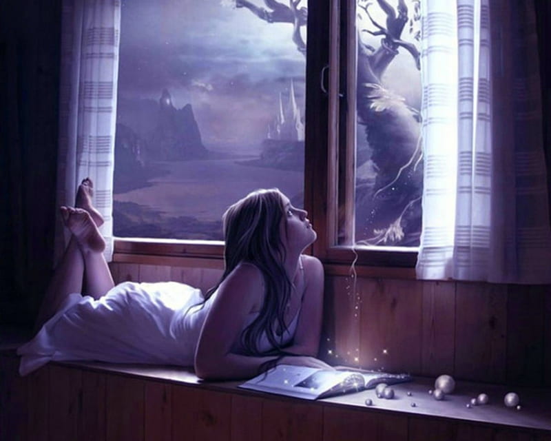 Lovely Night, book, fantasy, window, woman, HD wallpaper