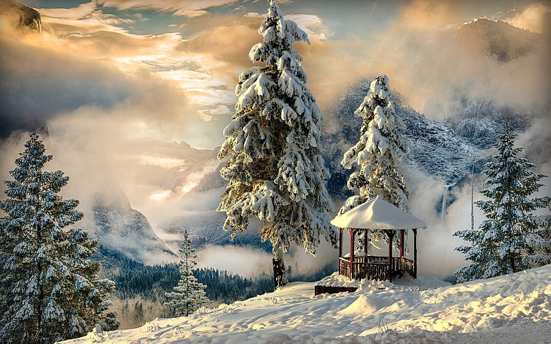 Winter Mountain Gazebo, mountain, painting, gazebo, winter, snow, HD wallpaper