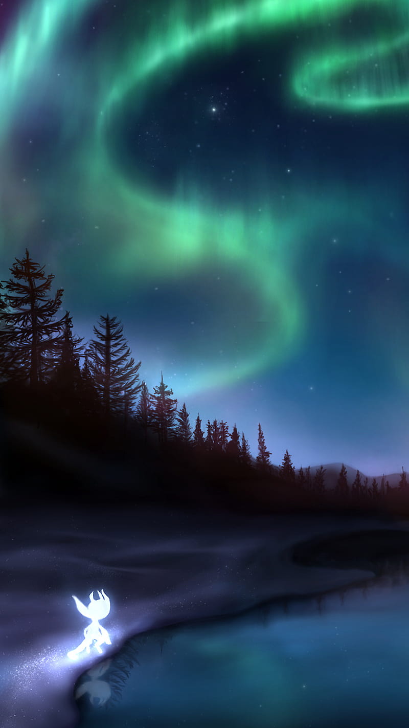 Ori looks at the sky, game, northern lights, ori and the blind forest, HD phone wallpaper