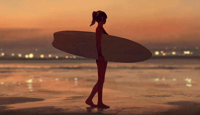Anime, Girl, beach, Surfboard, HD wallpaper