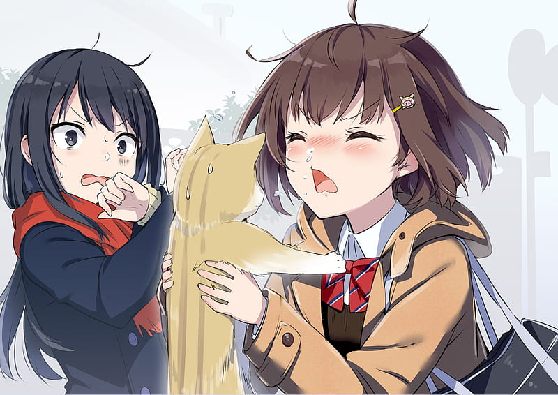 anime girls, school uniform, cat, neko, brown hair, sneeze, Anime, HD wallpaper