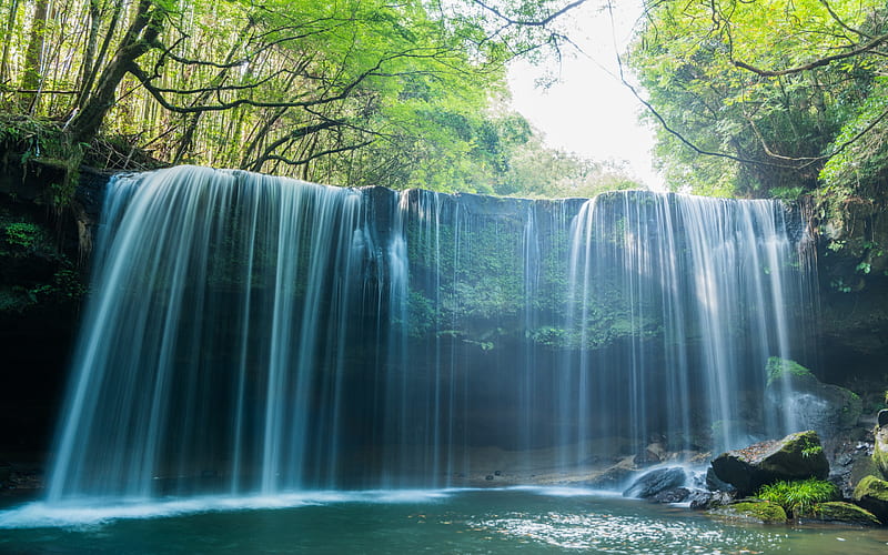 waterfall, forest, lake, beautiful waterfall, stones, water, HD wallpaper