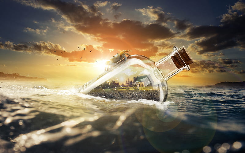 bottle in water, creative art, sea, crab, farm, horses, waves, water, HD wallpaper
