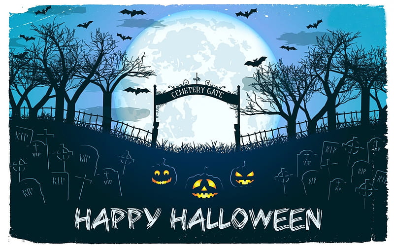 Happy Halloween, fence, bats, jack o lanterns, cemetery, tombstones, graves, moon, full moon, graveyard, Halloween, pumpkins, HD wallpaper