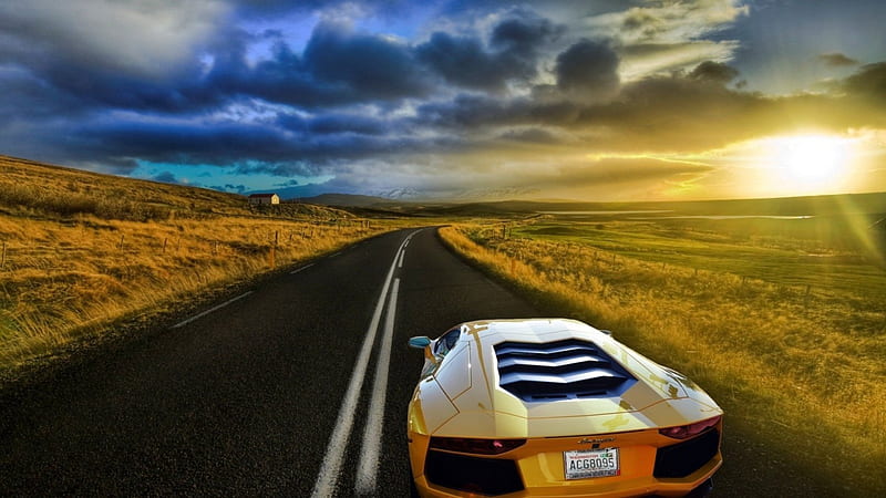 lamborhgini aventador down a beautiful road, car, fields, sunset, road, clouds, HD wallpaper lamborhgini aventador down a beautiful road, car, fields, sunset, road, clouds, HD wallpaper