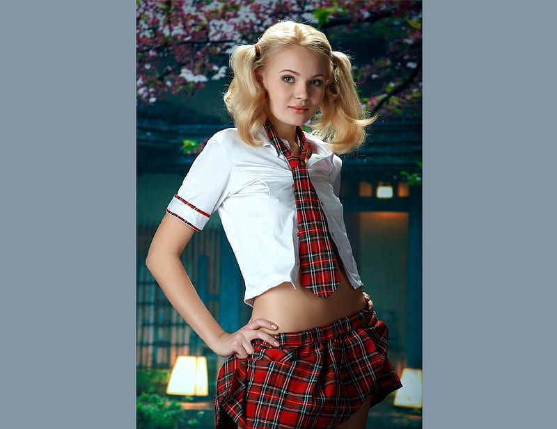 Kseniya Mikhaleva known as Talia Cherry, tails, white blouse, plaid tie and skirt, blonde, blue eyes, trees, HD wallpaper