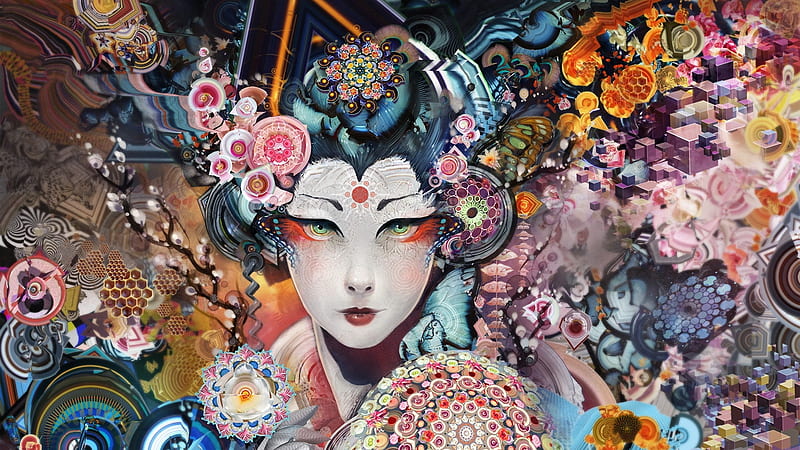 Abstract Geisha, geisha, japanaese, psyche, colorful, cartoon, asian, art, japan, psychedelic, artwork, fantasy, abstract, groovy, HD wallpaper