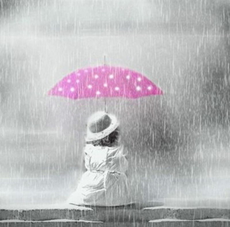 pink umbrela, dots, umbrella girl, rain hat, pink, HD wallpaper