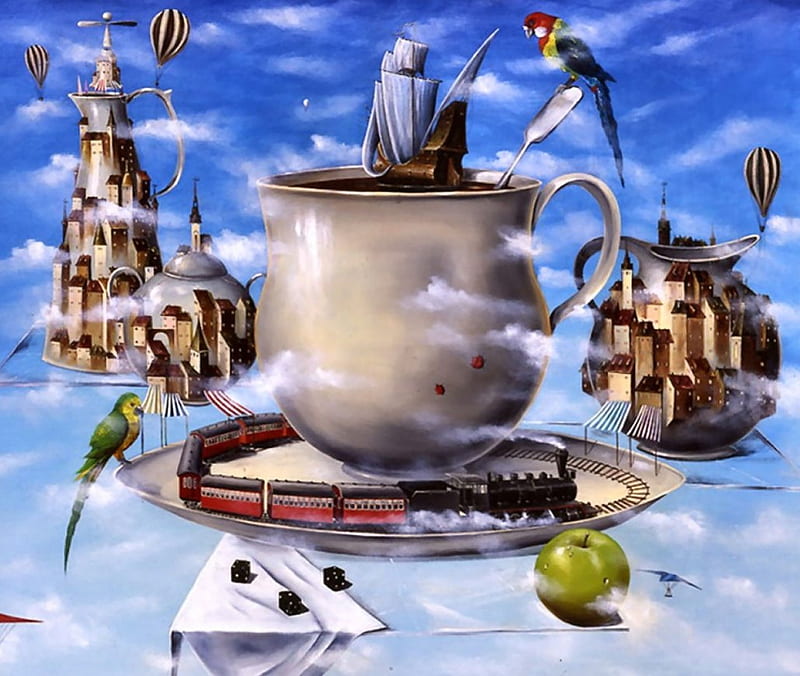 Morning Coffee, apple, art, surrealist, surrealism, bonito, parrot, abstract, sky, clouds, artwork, bird, coffee cup, avian, painting, wide screen, surreal, HD wallpaper