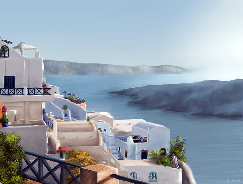 Greece, house, view, town, place, bonito, villa, sky, waterway, terrace, fog, mist, city, water, HD wallpaper