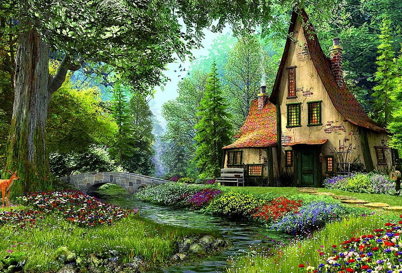Summer Cottage, house, painting, flowers, garden, trees, artwork, HD wallpaper
