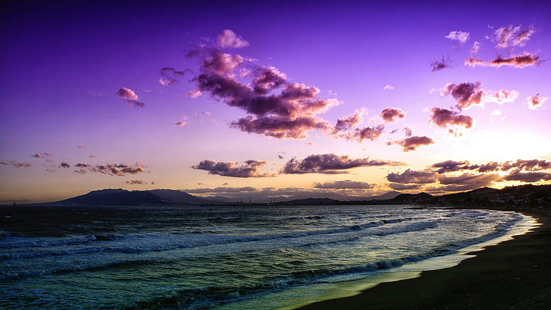 gorgeous lilac sunset, lilac, beach, sunset, clouds, sea, HD wallpaper
