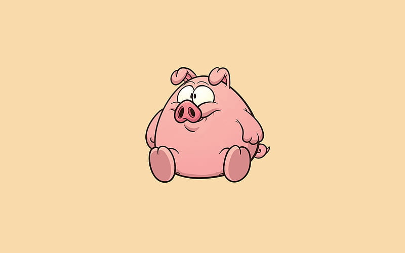 pink piggy, minimal, orange background, cartoon pig, pink piglet, pig, HD wallpaper