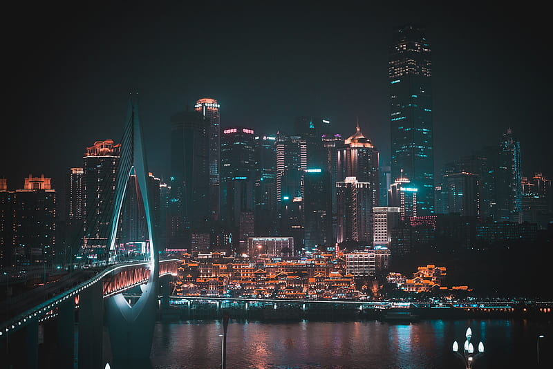 night city, buildings, aerial view, skyscrapers, bridge, lights, HD wallpaper