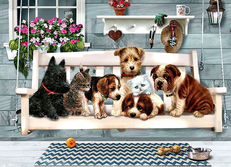 Porch Pals F1, art, bull dog, bonito, scotty, pets, artwork, canine, animal, terrier, feline, swing, painting, wide screen, cats, dogs, HD wallpaper