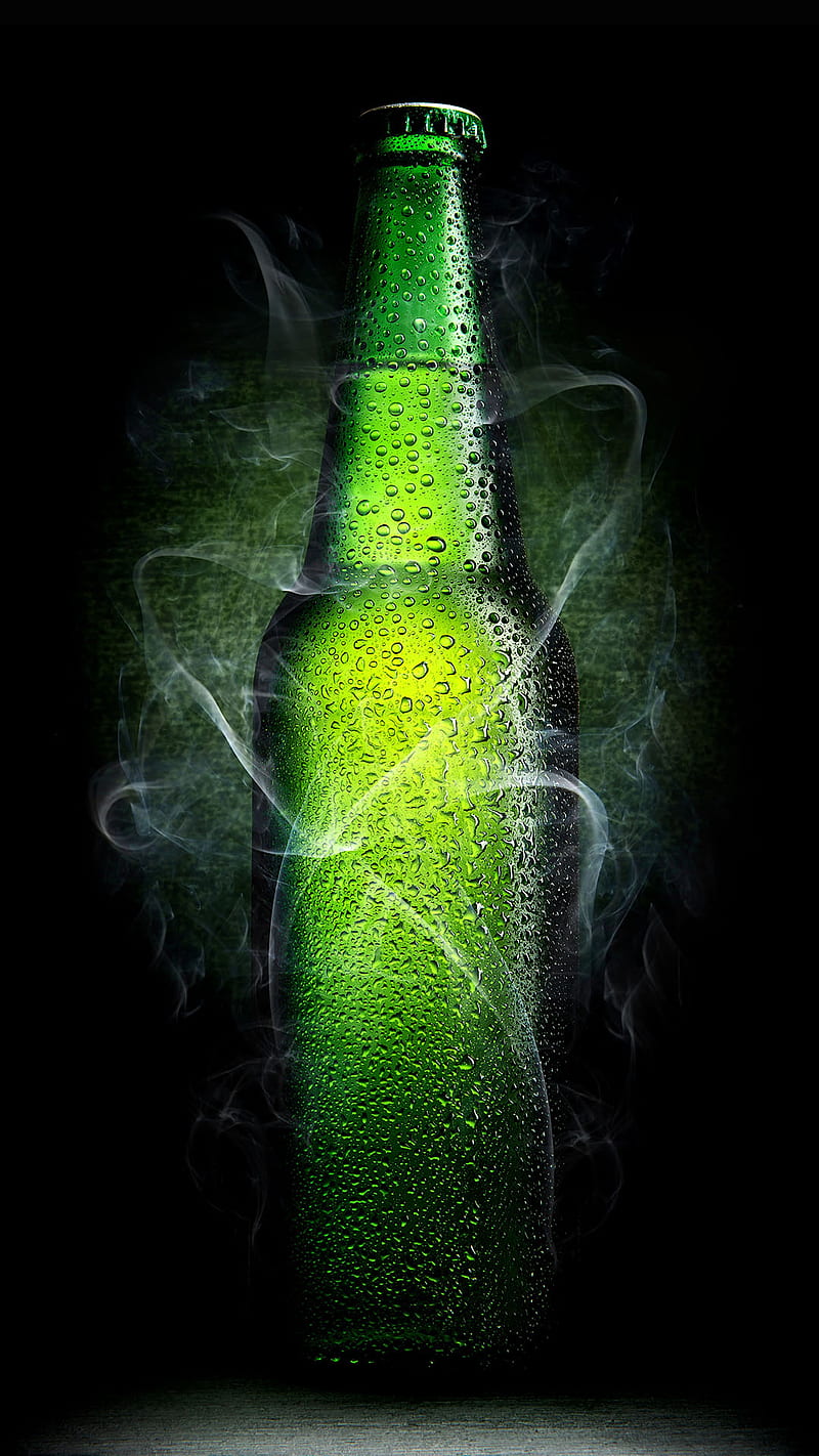 a cold bee, beer, bottle, drink, drop, green, smoke, water, HD phone wallpaper