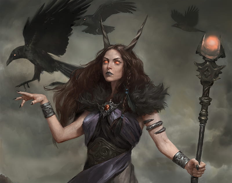 Demoness, demon, fantasy, raven, bird, girl, black, pasari, horns, HD ...