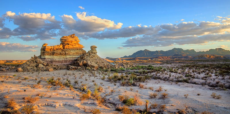 superb desert scene at big bend np texas, rocks, desert, brushes, clouds, HD wallpaper