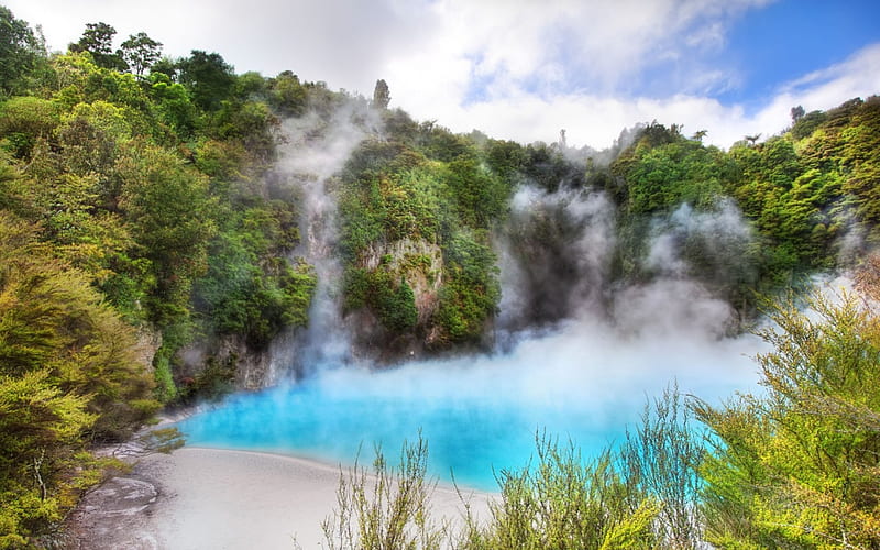 new zealand waimangu volcanic valley inferno crater lake r, volcanic, r, crater, steam, trees, lake, HD wallpaper