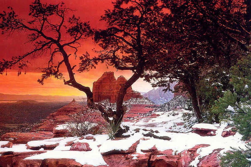 Sedona, sunset, nature, snow, people, HD wallpaper