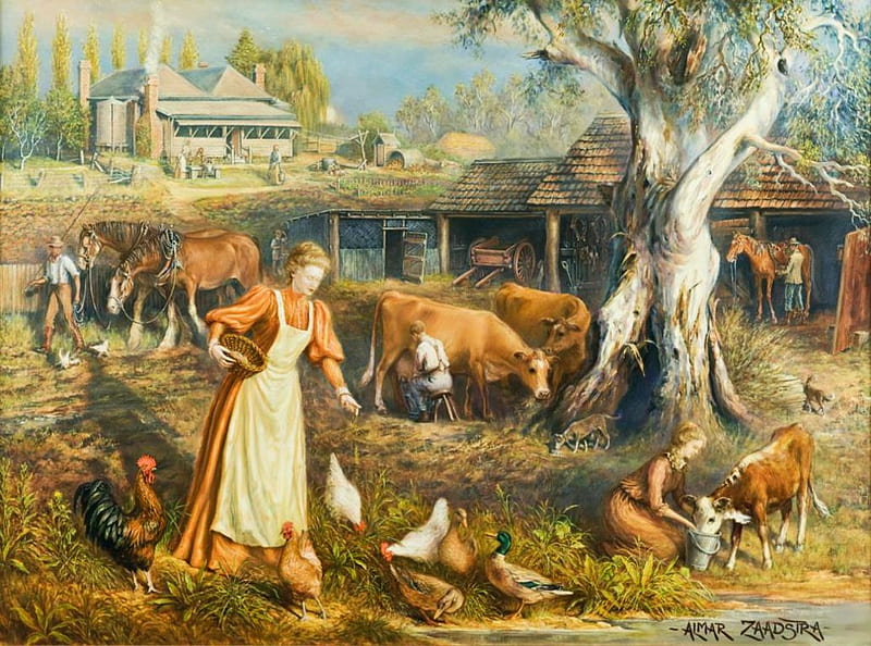 Rancher's Day, rooster, hens, artwork, women, horses, tree, duck, men, people, painting, stable, cows, working, vintage, HD wallpaper