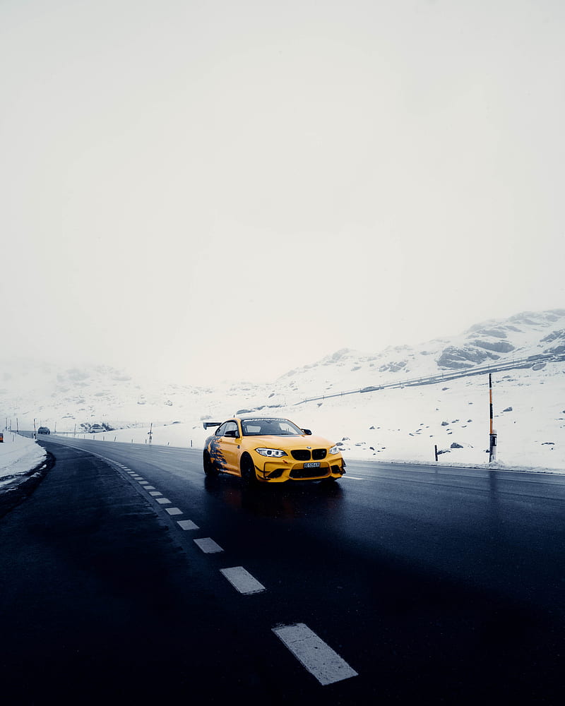 car, sports car, yellow, road, snow, HD phone wallpaper