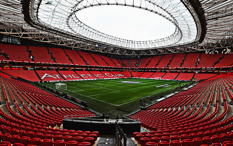 San Mames Stadium, spanish football stadium, Bilbao, Spain, Athletic Bilbao Stadium, inside view, red stands, football, HD wallpaper